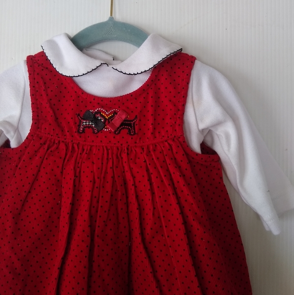 VINTAGE Scottie dog applique red corduroy jumper & onsie dress outfit - Picture 2 of 7